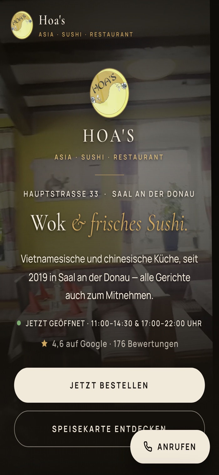 Hoa’s Website auf dem Smartphone — digitale Speisekarte